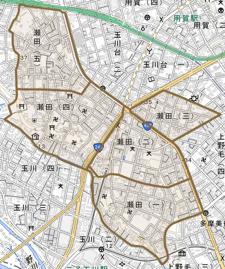 瀬田とその周辺の地図。町の範囲を重ねている