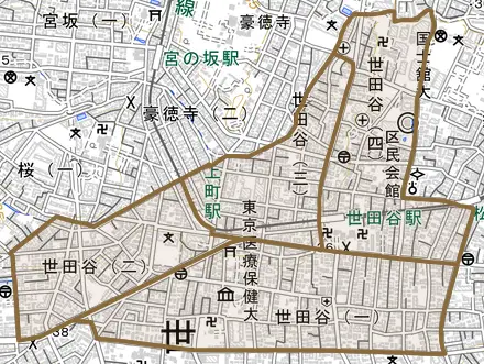 世田谷とその周辺の地図。町の範囲を重ねている