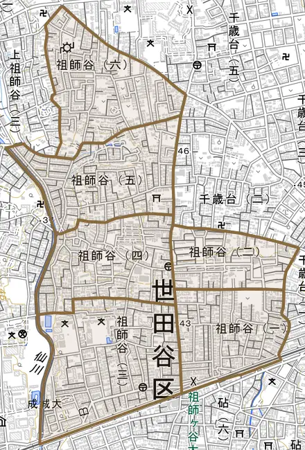 祖師谷とその周辺の地図。町の範囲を重ねている