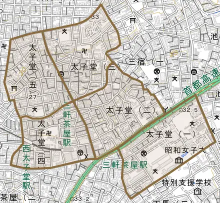 太子堂とその周辺の地図。町の範囲を重ねている