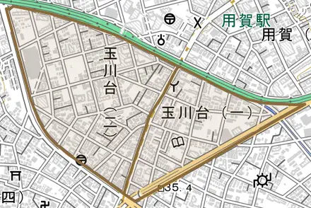 玉川台とその周辺の地図。町の範囲を重ねている