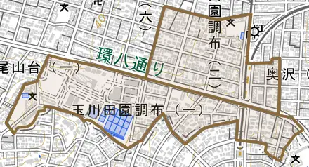 玉川田園調布とその周辺の地図。町の範囲を重ねている