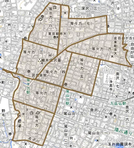 等々力とその周辺の地図。町の範囲を重ねている