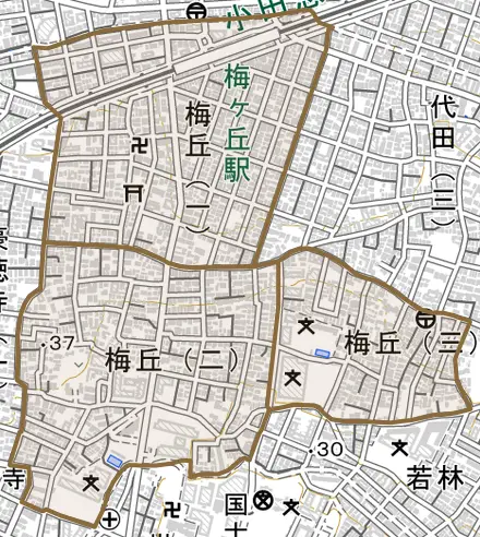 梅丘とその周辺の地図。町の範囲を重ねている
