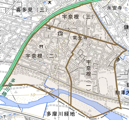 宇奈根とその周辺の地図。町の範囲を重ねている