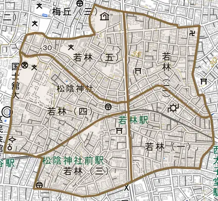 若林とその周辺の地図。町の範囲を重ねている