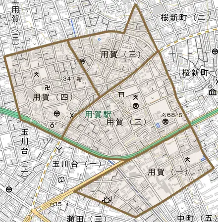用賀とその周辺の地図。町の範囲を重ねている