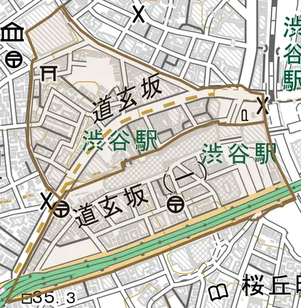 道玄坂とその周辺の地図。町の範囲を重ねている