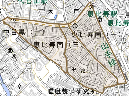 恵比寿南とその周辺の地図。町の範囲を重ねている