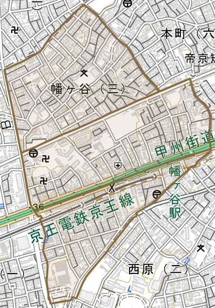 幡ヶ谷とその周辺の地図。町の範囲を重ねている