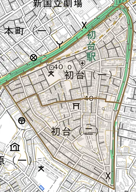初台とその周辺の地図。町の範囲を重ねている