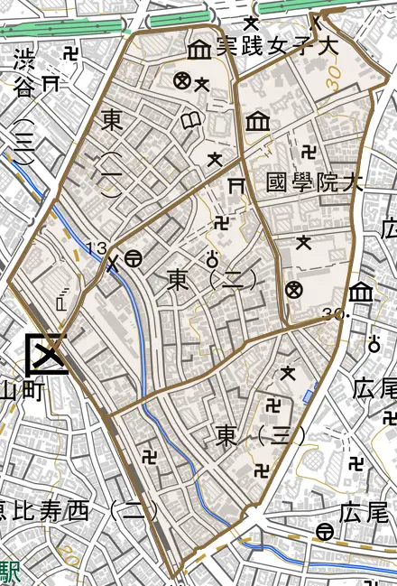東とその周辺の地図。町の範囲を重ねている