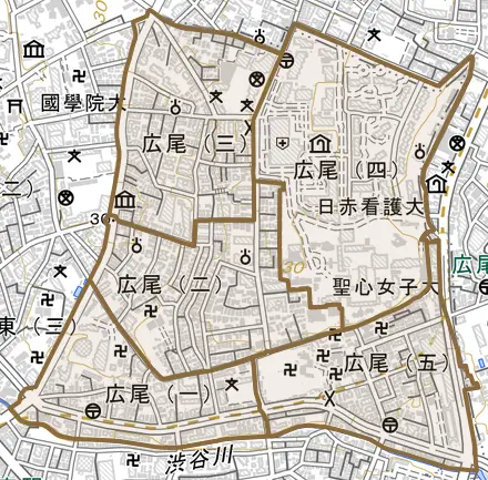 広尾とその周辺の地図。町の範囲を重ねている