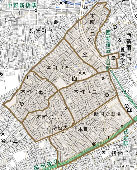 本町とその周辺の地図。町の範囲を重ねている