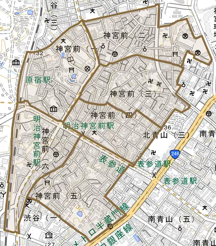 神宮前とその周辺の地図。町の範囲を重ねている
