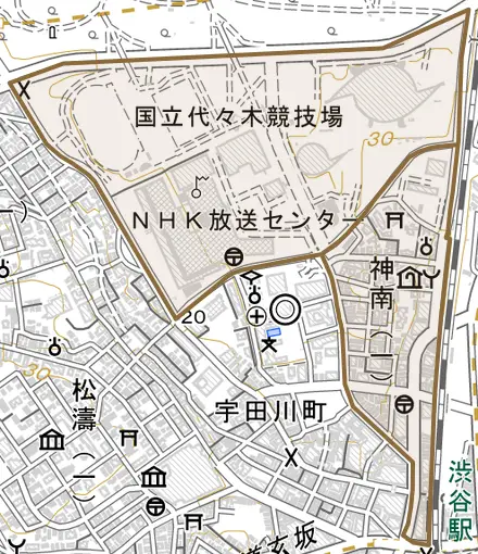 神南とその周辺の地図。町の範囲を重ねている