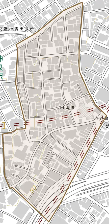 円山町とその周辺の地図。町の範囲を重ねている