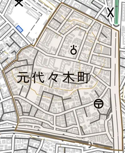 元代々木町とその周辺の地図。町の範囲を重ねている