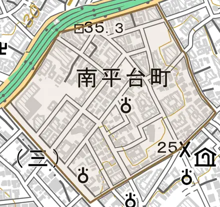 南平台町とその周辺の地図。町の範囲を重ねている