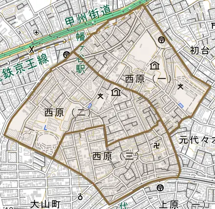 西原とその周辺の地図。町の範囲を重ねている
