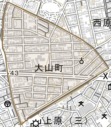 大山町とその周辺の地図。町の範囲を重ねている