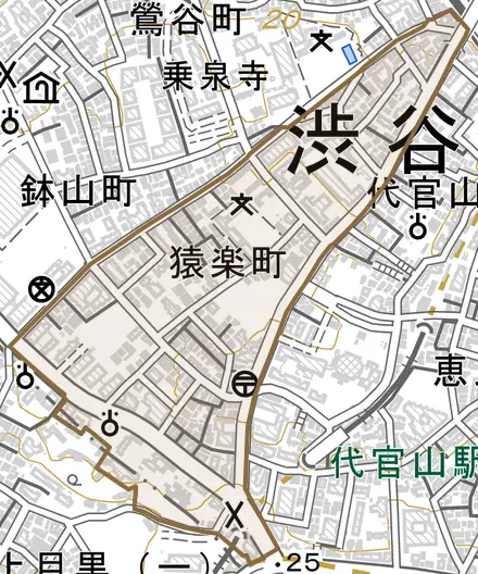 猿楽町とその周辺の地図。町の範囲を重ねている