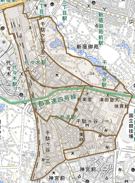 千駄ヶ谷とその周辺の地図。町の範囲を重ねている