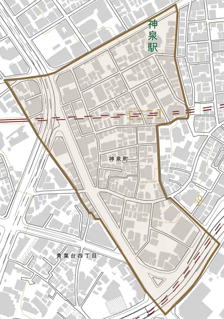 神泉町とその周辺の地図。町の範囲を重ねている