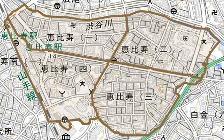 恵比寿とその周辺の地図。町の範囲を重ねている
