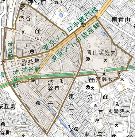 渋谷とその周辺の地図。町の範囲を重ねている