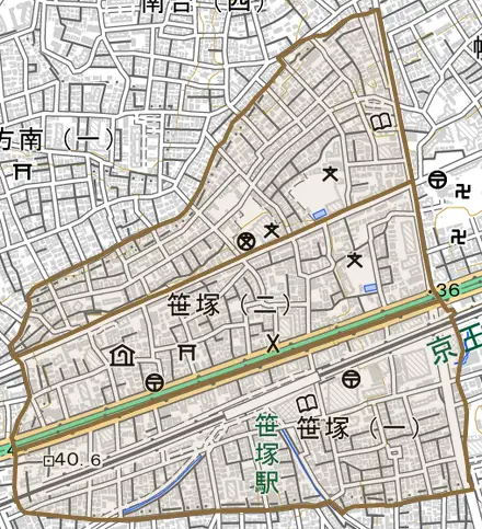 笹塚とその周辺の地図。町の範囲を重ねている