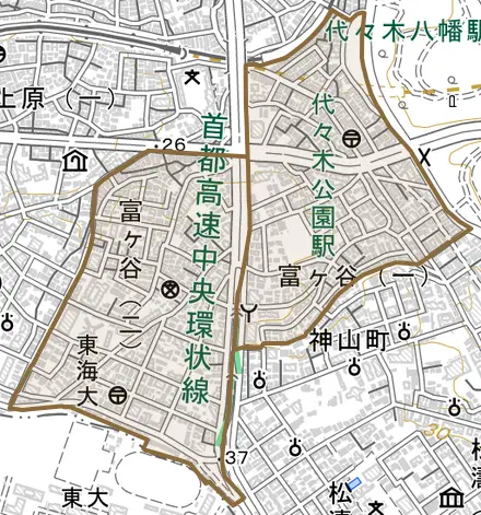 富ヶ谷とその周辺の地図。町の範囲を重ねている