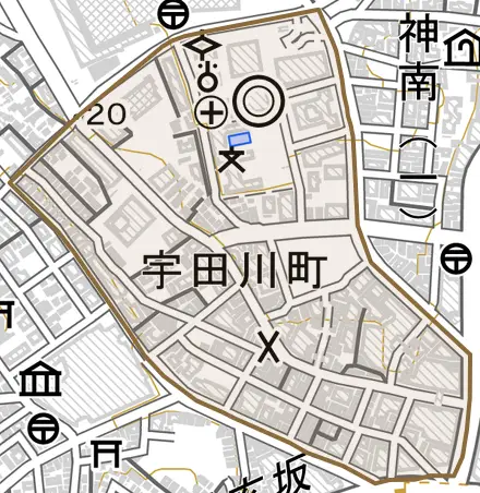 宇田川町とその周辺の地図。町の範囲を重ねている