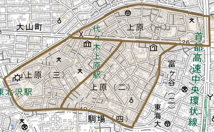 上原とその周辺の地図。町の範囲を重ねている