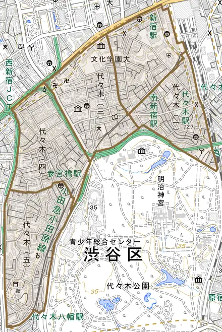 代々木とその周辺の地図。町の範囲を重ねている