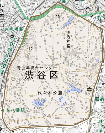 代々木神園町とその周辺の地図。町の範囲を重ねている