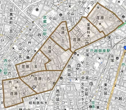 荏原とその周辺の地図。町の範囲を重ねている