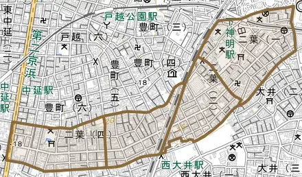 二葉とその周辺の地図。町の範囲を重ねている