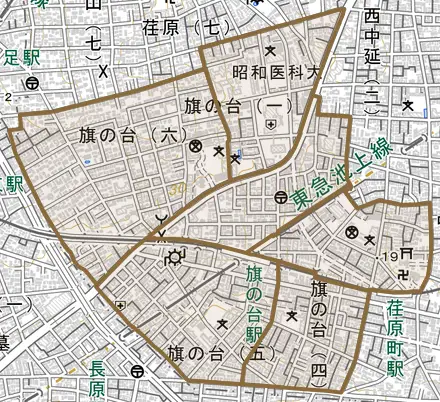 旗の台とその周辺の地図。町の範囲を重ねている