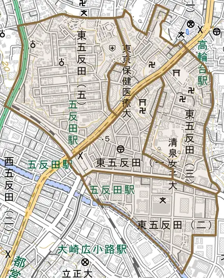 東五反田とその周辺の地図。町の範囲を重ねている