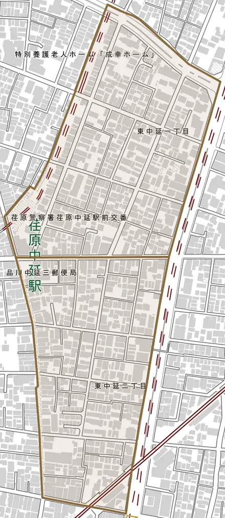 東中延とその周辺の地図。町の範囲を重ねている