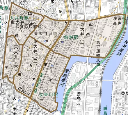 東大井とその周辺の地図。町の範囲を重ねている