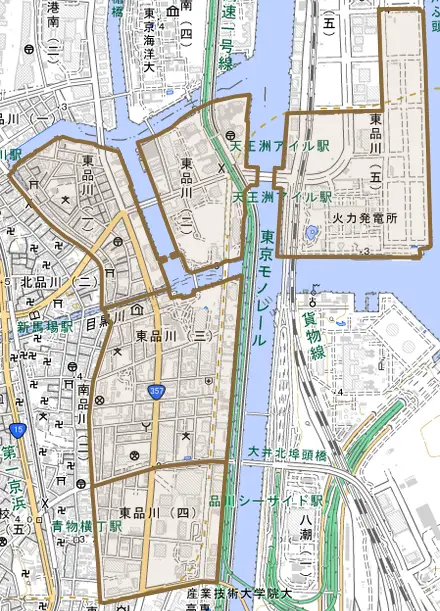 東品川とその周辺の地図。町の範囲を重ねている