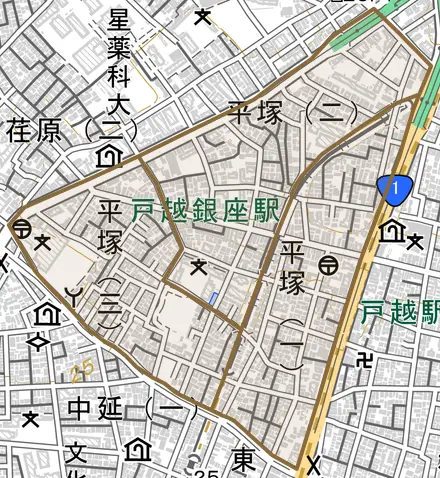 平塚とその周辺の地図。町の範囲を重ねている