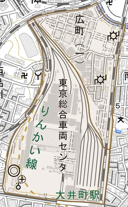 広町とその周辺の地図。町の範囲を重ねている
