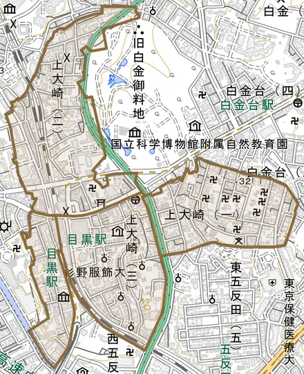 上大崎とその周辺の地図。町の範囲を重ねている