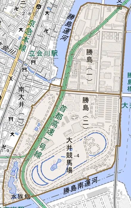 勝島とその周辺の地図。町の範囲を重ねている