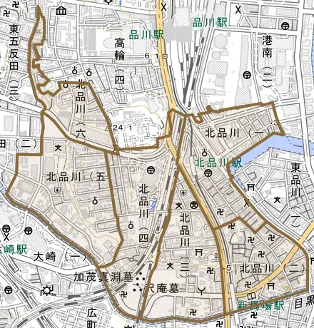 北品川とその周辺の地図。町の範囲を重ねている