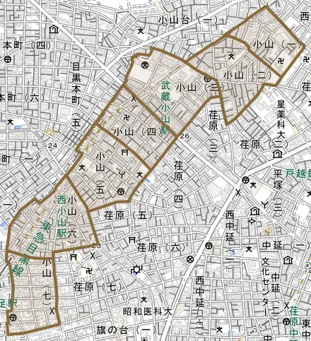 小山とその周辺の地図。町の範囲を重ねている