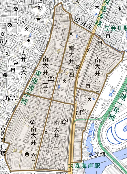 南大井とその周辺の地図。町の範囲を重ねている